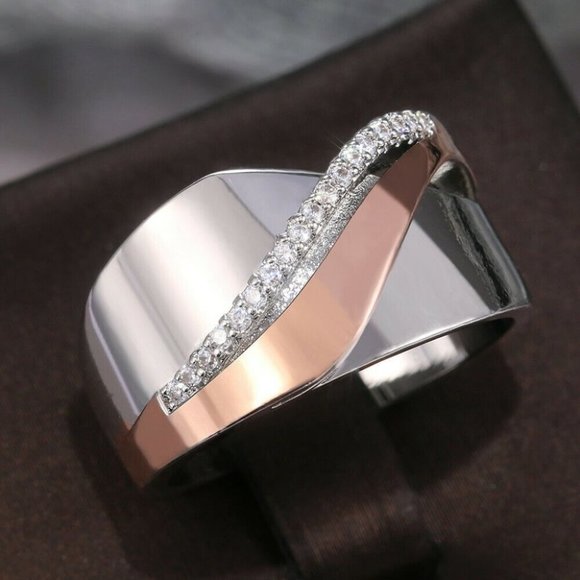 Fabulous Unisex Two-Tone 14k Rose Gold 925 Silver Diamond Band - Picture 1 of 3
